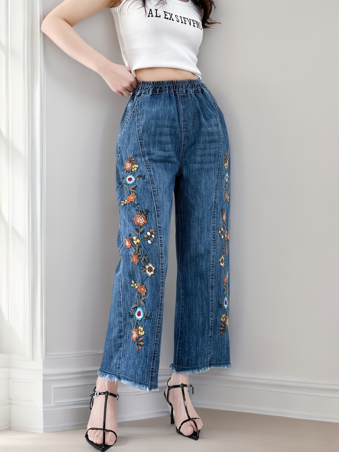 Women's Lightweight Denim Wide Leg Baggy Jeans - Elastic Waistband & Raw Hem Detail, Bohemian Embroidered Holes, Y2K Streetwear Style, 75% Blend, Machine Washable for Spring Summer Fall