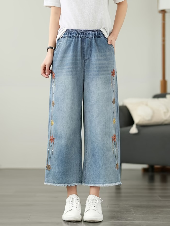 Elegant Flower Embroidered Wide Leg Baggy Jeans, Raw Hem Detail, Elastic Waistband, Classic Casual Fashion Denim Pants, Eight-point Jeans for Spring and Summer, Women'S Clothing