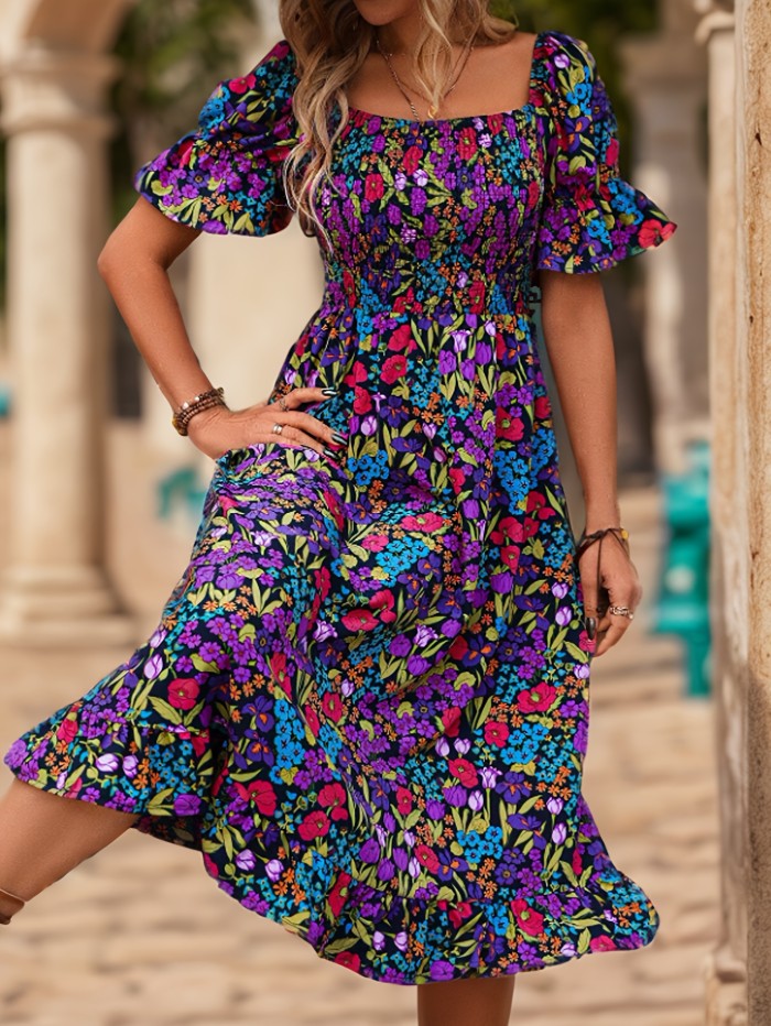 Spring Chic Floral Print Dress Chic Floral Print Off-Shoulder Dress with Lantern Sleeves - Stretchy Polyester Blend, Machine Washable - Perfect for Spring\u002FSummer