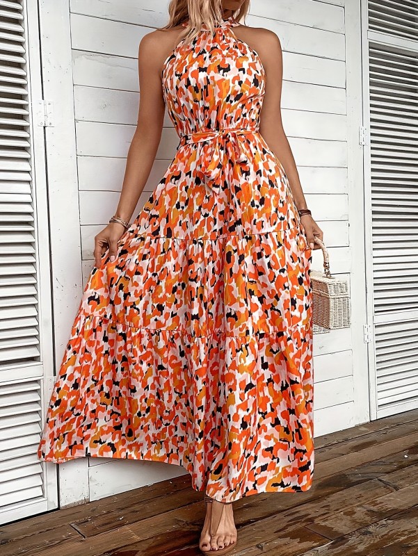 Elegant Spring & Summer Halter Neck Dress for Women - Allover Print Tie Waist Dress