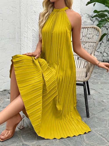 Elegant Yellow Halter Neck Sleeveless Maxi Dress for Women | Polyester Pleated Design | Machine Washable | Versatile Summer Fashion with Flowy A-Line Silhouette | Ideal for Casual & Formal Occasions