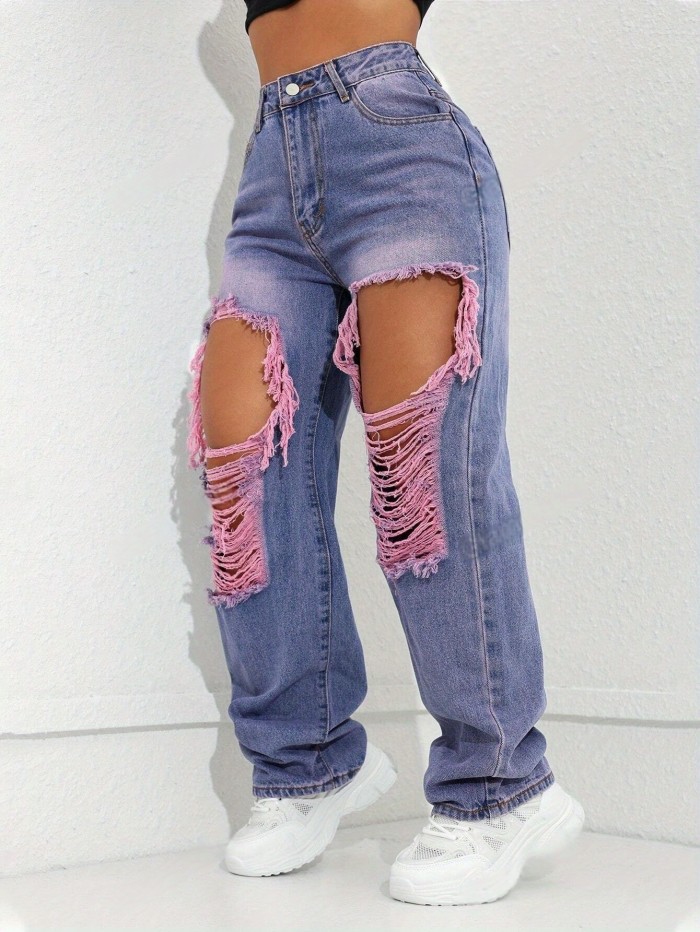 New Arrive Women's High-Waisted Slimming Straight-Leg Distressed Jeans - Purple-Pink Denim with Big Ripped Holes, Casual Boyfriend Style for Spring Summer Fall, Machine Washable