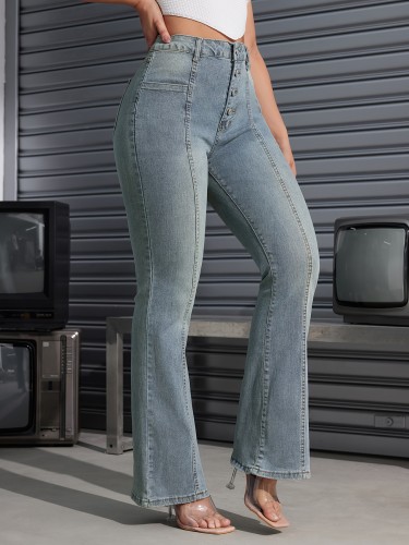 Women'S High-Waisted Flare Jeans, Casual Solid Color, Viscose Blend (72% Viscose, 26% Polyester, 2% Elastane), Medium Stretch, All-Season, Button Detail, Woven Fabric, 360g\u002Fm² - Flared Leg Pants