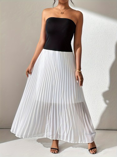 Elegant Black & White Women's Dress Elegant Off-Shoulder Pleated Dress for Women - Chic Black & White, Semi-Sheer Polyester, Perfect for All Seasons