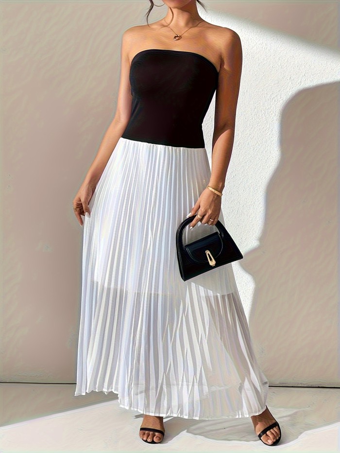 Elegant Black & White Women's Dress Elegant Off-Shoulder Pleated Dress for Women - Chic Black & White, Semi-Sheer Polyester, Perfect for All Seasons