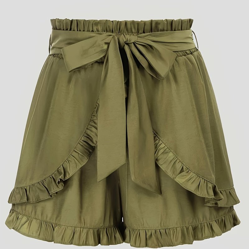 Slant Pocket Frill Trim Shorts Belted Slant Pocket Frill Trim Shorts, Elegant Loose Shorts For Spring & Summer, Women's Clothing