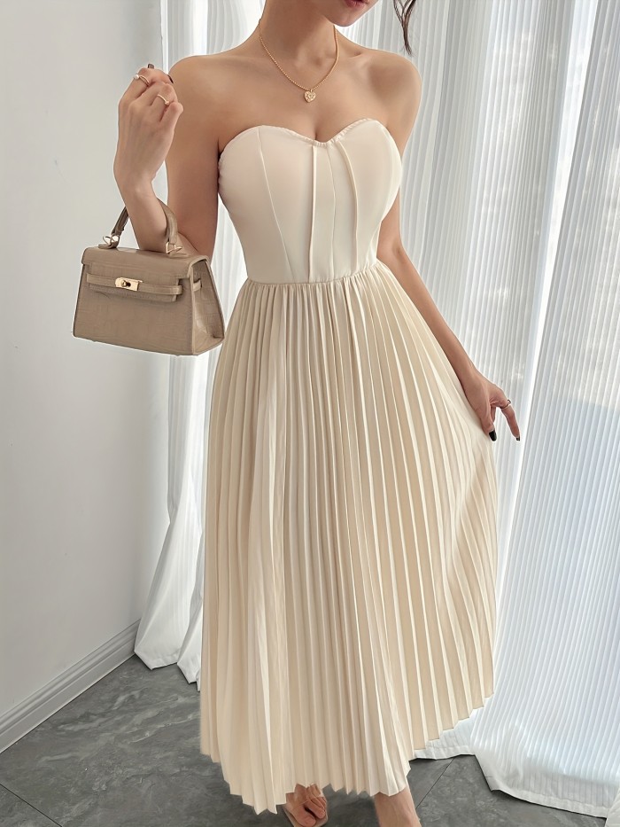 Elegant Apricot Off-Shoulder Ruched A-Line Dress with Zipper - Chic Polyester Blend, Ideal for Casual & Formal Occasions, Relaxed Fit Dress|Clavicle-Length Dress|Zipper Dress
