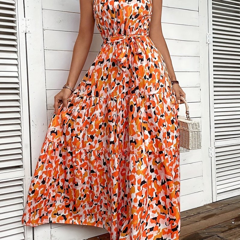 Elegant Spring & Summer Halter Neck Dress for Women - Allover Print Tie Waist Dress
