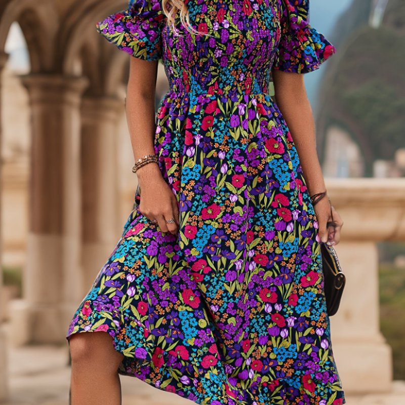 Spring Chic Floral Print Dress Chic Floral Print Off-Shoulder Dress with Lantern Sleeves - Stretchy Polyester Blend, Machine Washable - Perfect for Spring\u002FSummer