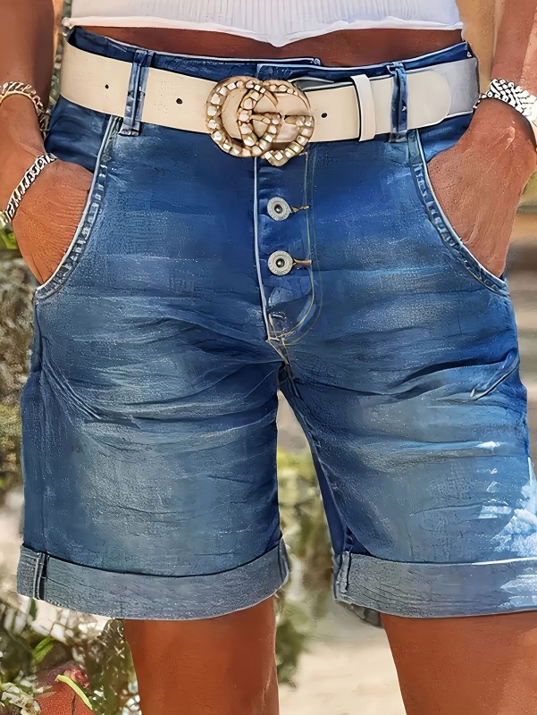 Stretch Denim Shorts Spring\u002FSummer Collection Women's Casual Mid-Waist Denim Shorts - Solid Color, Elastic Waist with Button Fly, Stretch Fabric, 350gsm Woven Jean Shorts