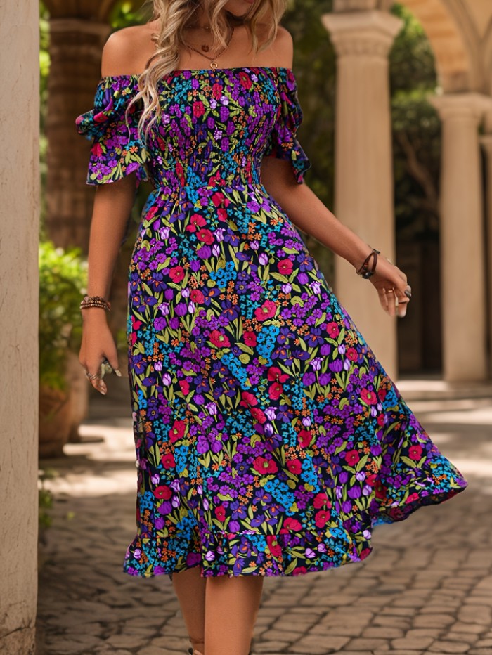 Spring Chic Floral Print Dress Chic Floral Print Off-Shoulder Dress with Lantern Sleeves - Stretchy Polyester Blend, Machine Washable - Perfect for Spring\u002FSummer