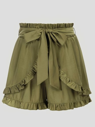 Slant Pocket Frill Trim Shorts Belted Slant Pocket Frill Trim Shorts, Elegant Loose Shorts For Spring & Summer, Women's Clothing