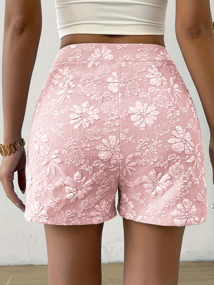 Elegant High Waist Shorts Beige Elegant High Waist A-Line Shorts - Women's Floral Jacquard Casual Shorts, 100% Polyester Fiber, Machine Washable, Suitable for Spring\u002FSummer\u002FAutumn