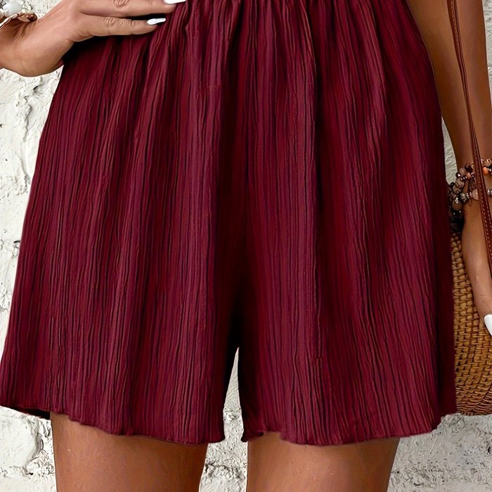 Women's Solid Color Elastic Waistband Shorts - 95% Polyester 5% Spandex Blend, Ruched Texture Design, Lightweight 73g\u002Fm² Machine Washable Casual Spring Summer Fall Shorts, Spring Fashion | Relaxed Fit Shorts | Comfortable Elasticity