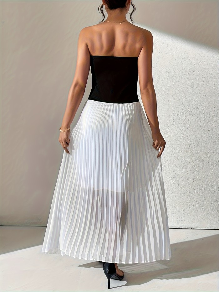 Elegant Black & White Women's Dress Elegant Off-Shoulder Pleated Dress for Women - Chic Black & White, Semi-Sheer Polyester, Perfect for All Seasons