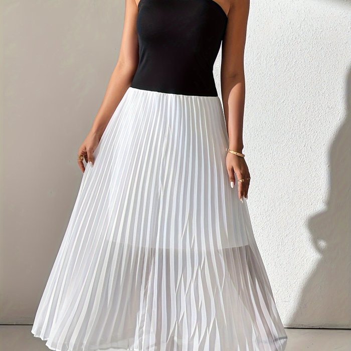 Elegant Black & White Women's Dress Elegant Off-Shoulder Pleated Dress for Women - Chic Black & White, Semi-Sheer Polyester, Perfect for All Seasons