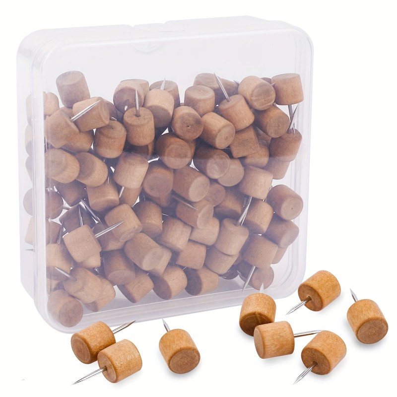 50pcs Brown Wooden Push Pins - Decorative Thumb Tacks for Bulletin, Cork, and Foam Boards | Ideal for Photos, Calendars, Home Office & Craft Projects | Includes Clear Storage Box