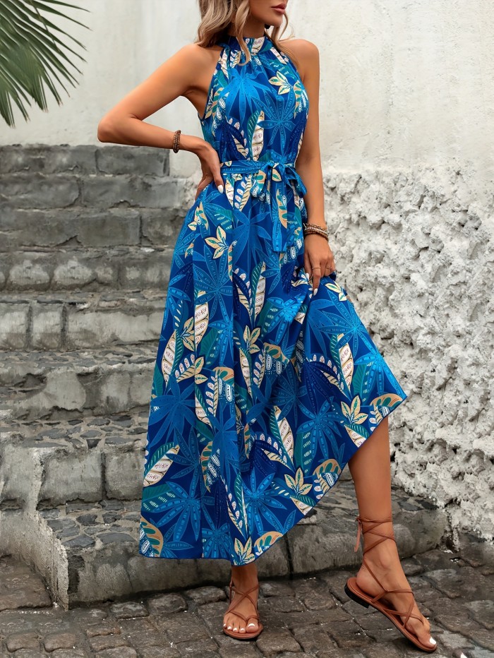 Elegant, Breathable Tropical Print Halter Neck Summer Dress for Women - Polyester Blend with Waist Cinching