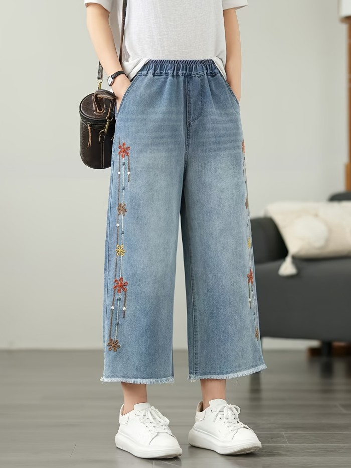 Elegant Flower Embroidered Wide Leg Baggy Jeans, Raw Hem Detail, Elastic Waistband, Classic Casual Fashion Denim Pants, Eight-point Jeans for Spring and Summer, Women'S Clothing