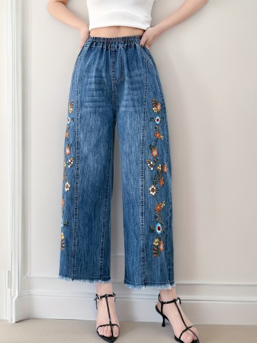 Women's Lightweight Denim Wide Leg Baggy Jeans - Elastic Waistband & Raw Hem Detail, Bohemian Embroidered Holes, Y2K Streetwear Style, 75% Blend, Machine Washable for Spring Summer Fall