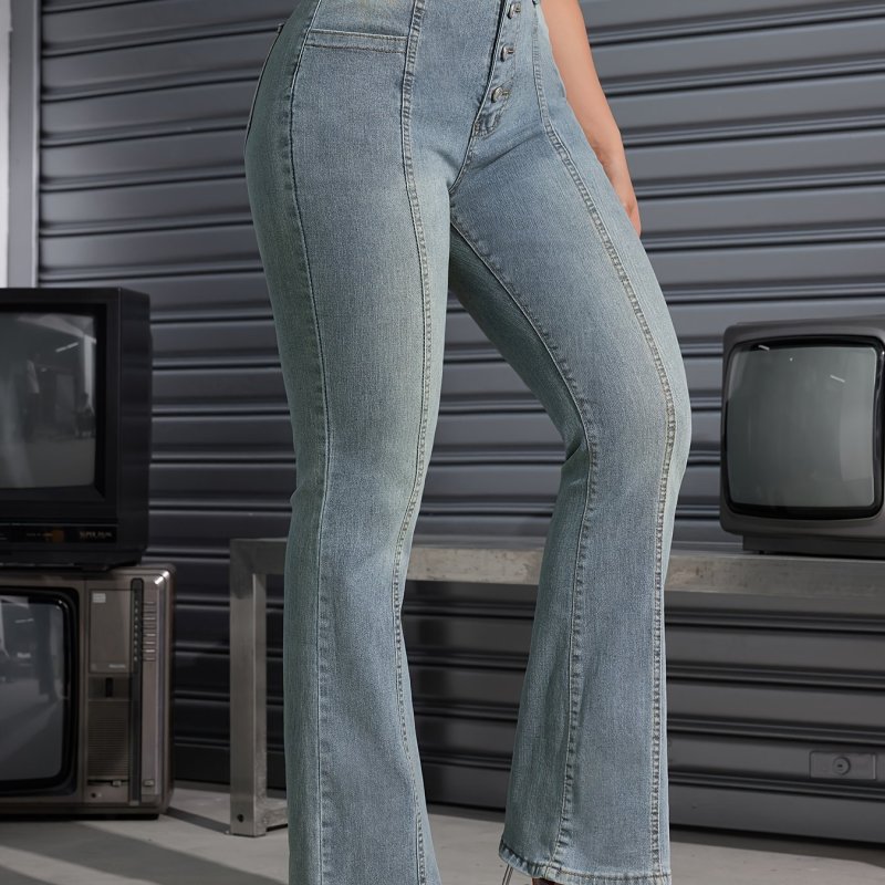 Women'S High-Waisted Flare Jeans, Casual Solid Color, Viscose Blend (72% Viscose, 26% Polyester, 2% Elastane), Medium Stretch, All-Season, Button Detail, Woven Fabric, 360g\u002Fm² - Flared Leg Pants