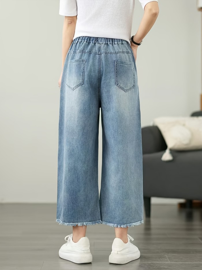 Elegant Flower Embroidered Wide Leg Baggy Jeans, Raw Hem Detail, Elastic Waistband, Classic Casual Fashion Denim Pants, Eight-point Jeans for Spring and Summer, Women'S Clothing