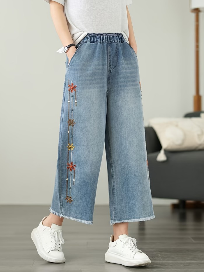 Elegant Flower Embroidered Wide Leg Baggy Jeans, Raw Hem Detail, Elastic Waistband, Classic Casual Fashion Denim Pants, Eight-point Jeans for Spring and Summer, Women'S Clothing