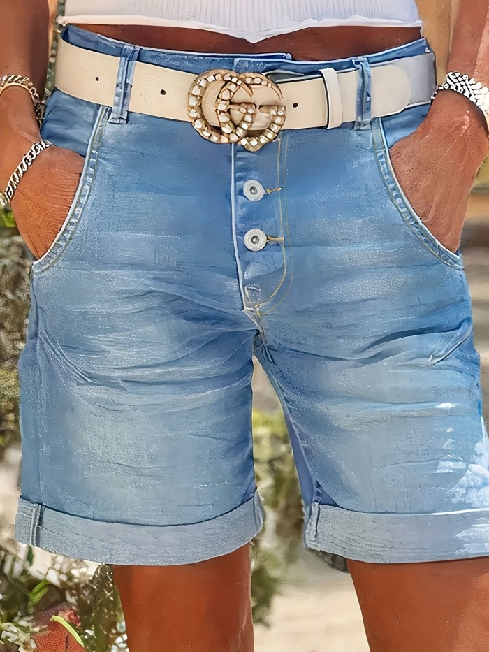 Stretch Denim Shorts Spring\u002FSummer Collection Women's Casual Mid-Waist Denim Shorts - Solid Color, Elastic Waist with Button Fly, Stretch Fabric, 350gsm Woven Jean Shorts