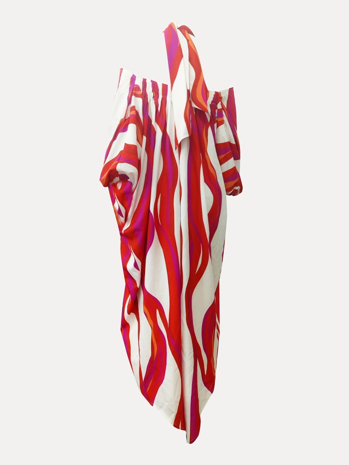 Elegant Women's Halter Neck Maxi Dress - 100% Polyester, All-Over Print, Fitted Style, Irregular Hem, Versatile for All Seasons