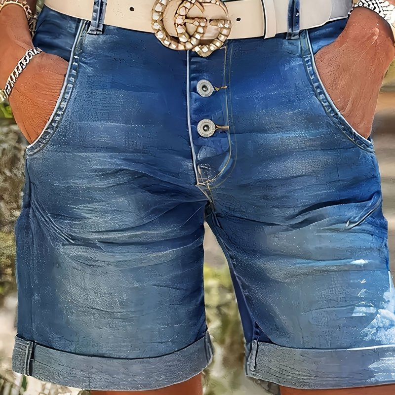 Stretch Denim Shorts Spring\u002FSummer Collection Women's Casual Mid-Waist Denim Shorts - Solid Color, Elastic Waist with Button Fly, Stretch Fabric, 350gsm Woven Jean Shorts