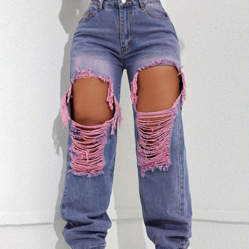 New Arrive Women's High-Waisted Slimming Straight-Leg Distressed Jeans - Purple-Pink Denim with Big Ripped Holes, Casual Boyfriend Style for Spring Summer Fall, Machine Washable