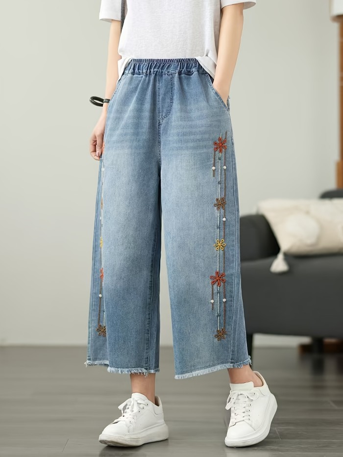 Elegant Flower Embroidered Wide Leg Baggy Jeans, Raw Hem Detail, Elastic Waistband, Classic Casual Fashion Denim Pants, Eight-point Jeans for Spring and Summer, Women'S Clothing