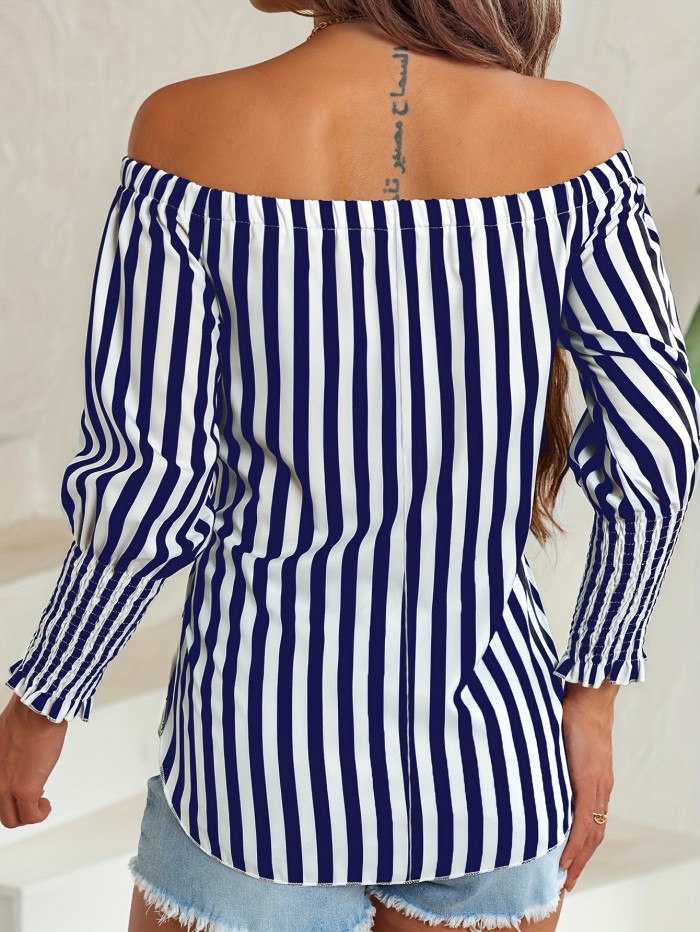 Elegant Off Shoulder Blouse - Striped Print Tie Front - Women's Clothing for Spring & Fall