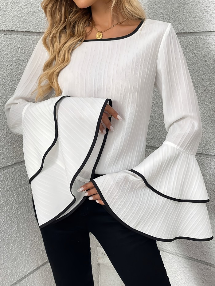 Chic Square Neck Bell Sleeve Blouse - Casual Solid Color, Stretchy Polyester & Spandex Blend, Machine Washable - Perfect for Spring\u002FFall