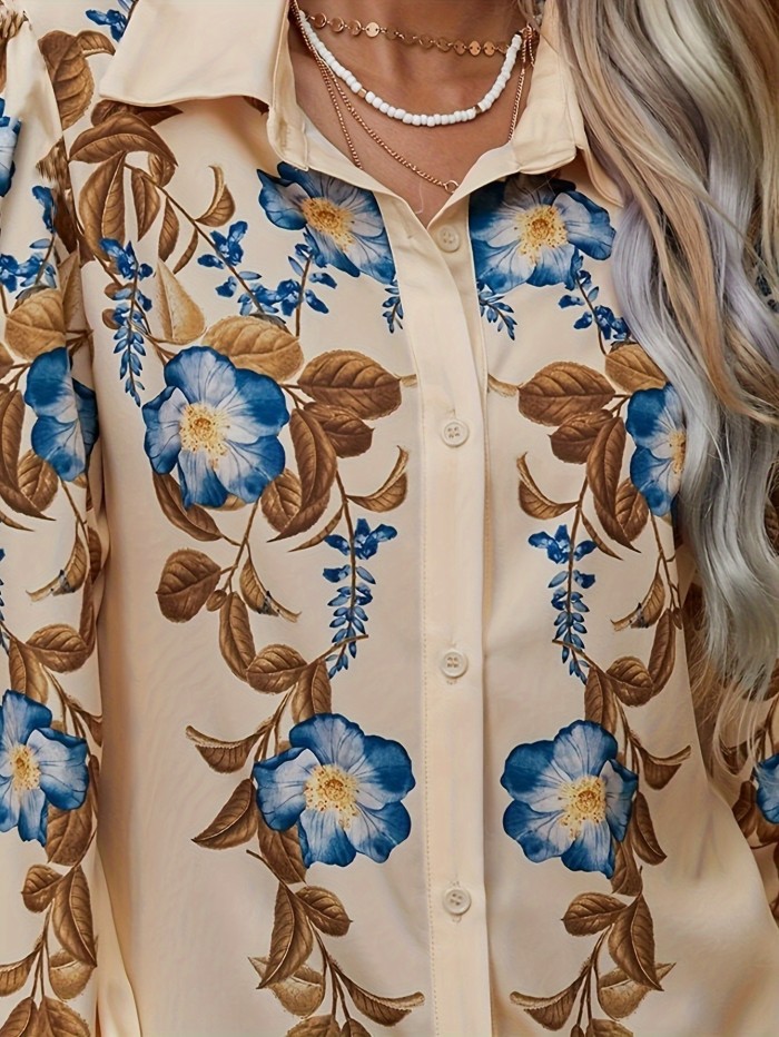 Elegant Long Sleeve Floral Print Blouses - Retro Lapel Neck Button Front Women's Clothing