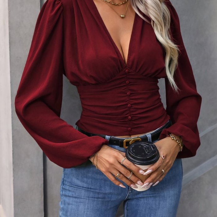 1pc Women's V-Neck Long Sleeve Top, 100% Polyester Solid Color Woven Blouse - Comfortable, Regular Length for Spring\u002FFall Adult Fashion