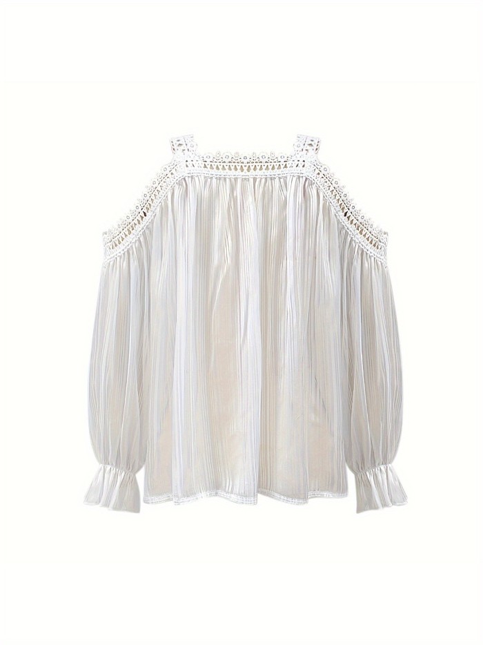 1pc Fashion Lace Splicing Flower Shirt, Spring and Summer Casual Loose Long-Sleeve Top, Polyester Knit Fabric, Off-Shoulder Design, Machine Washable, Adult Women's Lightweight Blouse
