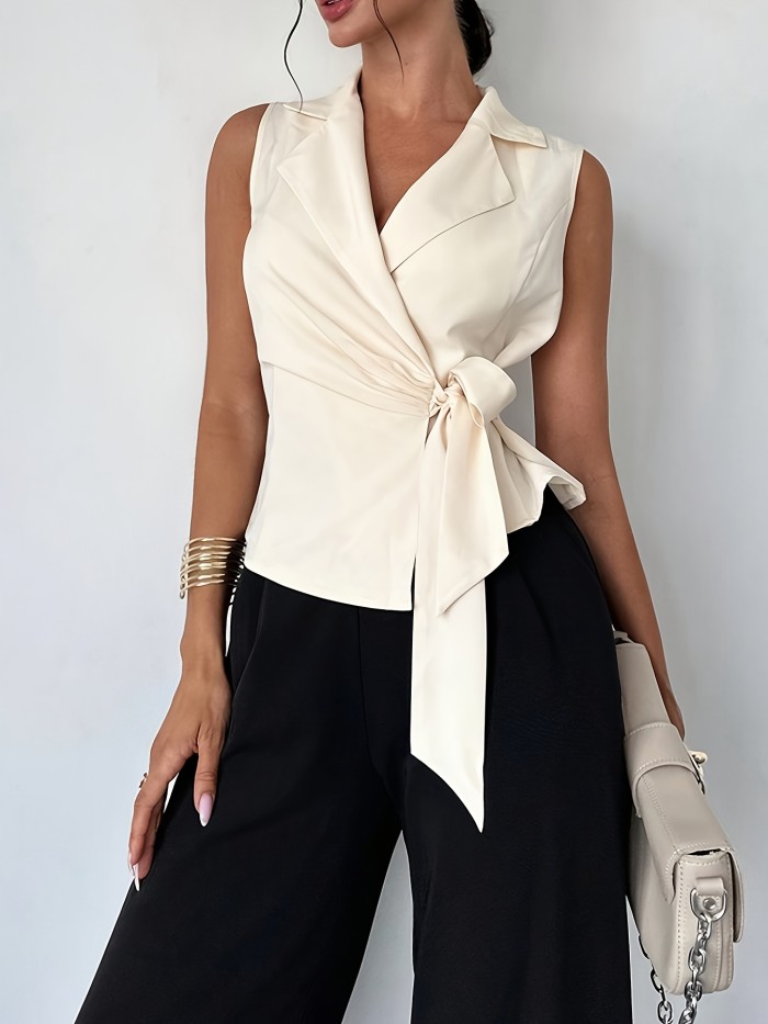 Women'S Elegant Simple Lapel Tops Polyester Woven Solid Color Belt Backless Vest for Spring, Summer, Daily Wear