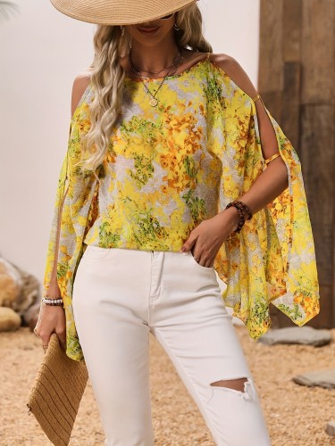 Cross-Border European And American Women'S Fashion Elegant Hollow Full Print Loose Batwing Sleeve Shirt