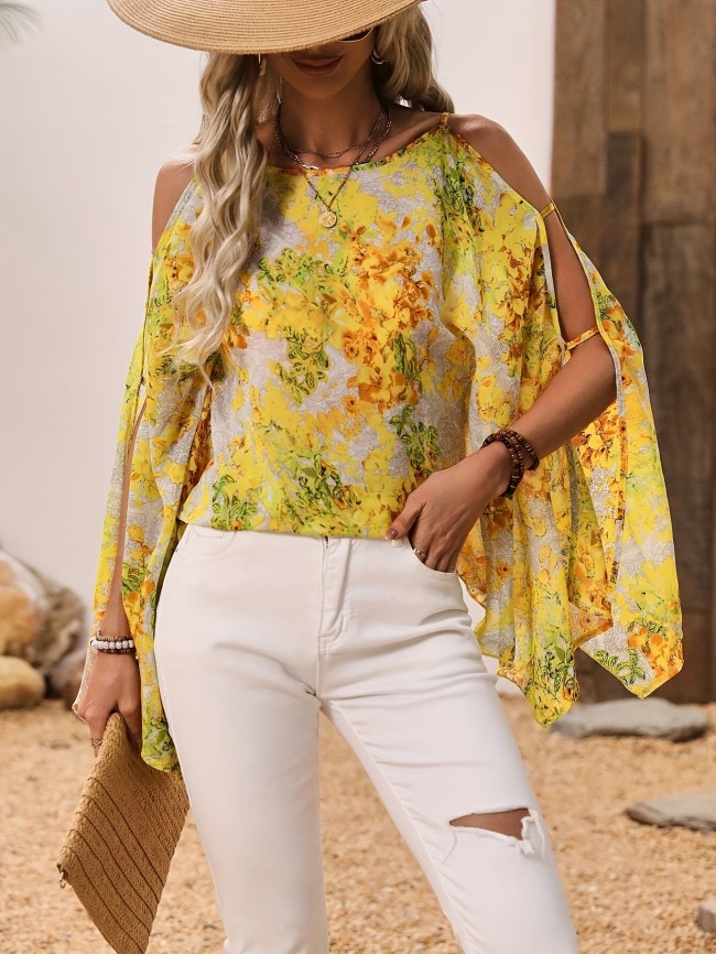 Cross-Border European And American Women'S Fashion Elegant Hollow Full Print Loose Batwing Sleeve Shirt