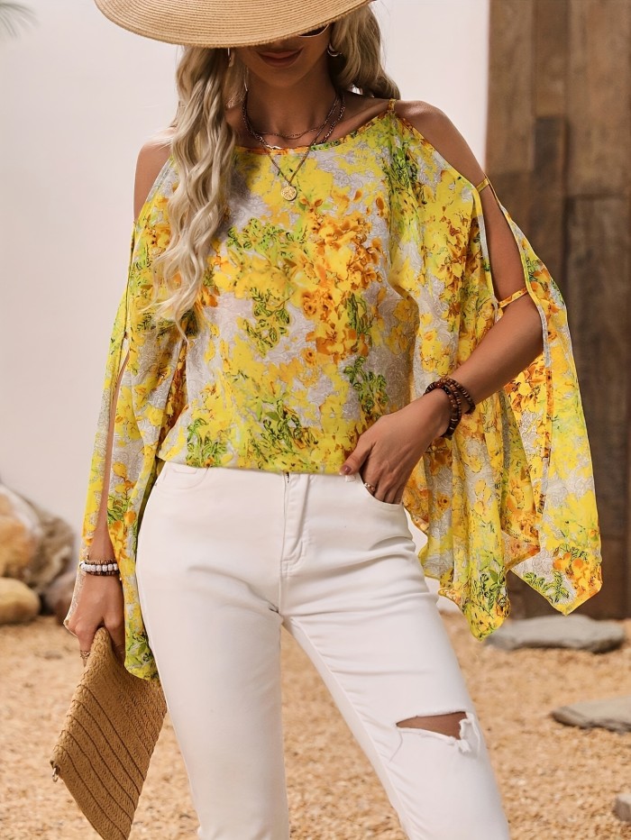 Cross-Border European And American Women'S Fashion Elegant Hollow Full Print Loose Batwing Sleeve Shirt