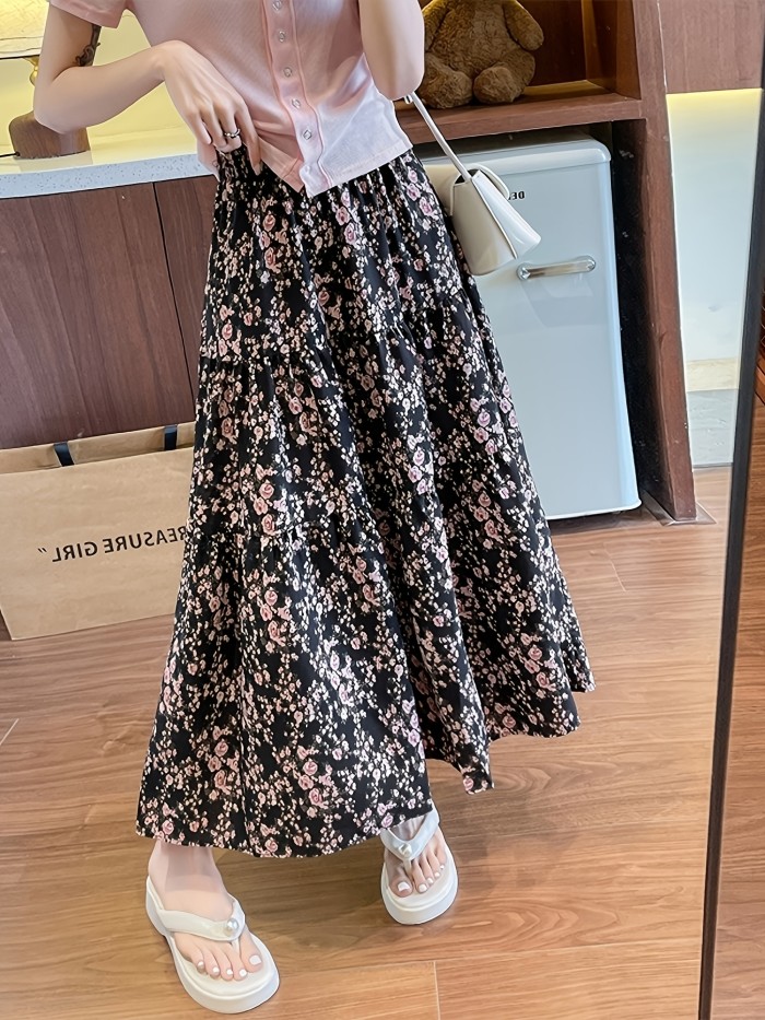 XC119 Elegant Black Floral A-Line Midi Skirt - High-Waisted, Waist-Cinching Design with Vibrant Pink & White Flowers, Perfect for Spring & Fall, Allseason Skirt|Floral Print Skirt|Flared Hem Skirt
