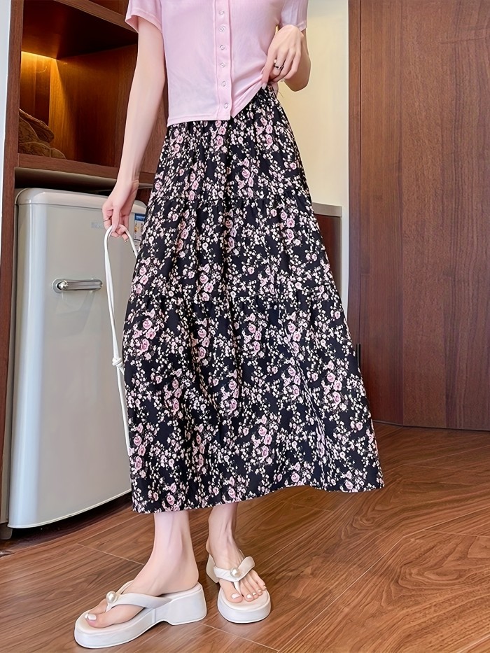 XC119 Elegant Black Floral A-Line Midi Skirt - High-Waisted, Waist-Cinching Design with Vibrant Pink & White Flowers, Perfect for Spring & Fall, Allseason Skirt|Floral Print Skirt|Flared Hem Skirt