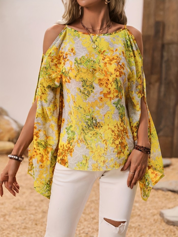 Cross-Border European And American Women'S Fashion Elegant Hollow Full Print Loose Batwing Sleeve Shirt
