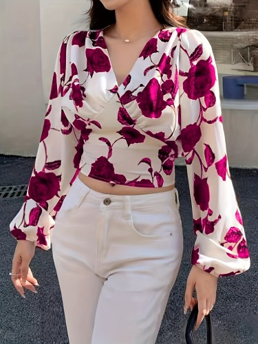 Women'S Fashionable Floral Print Blouse - Ruched V-Neck, Long Sleeves, White with Pink & Purple Roses, Perfect for Spring\u002FSummer\u002FFall, Casual Attire, Casual Attire|Floral Print Top|Ruched Detail
