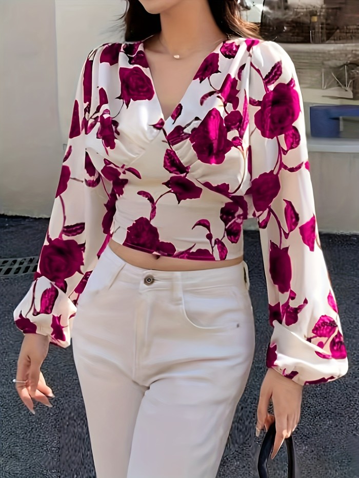 Women'S Fashionable Floral Print Blouse - Ruched V-Neck, Long Sleeves, White with Pink & Purple Roses, Perfect for Spring\u002FSummer\u002FFall, Casual Attire, Casual Attire|Floral Print Top|Ruched Detail