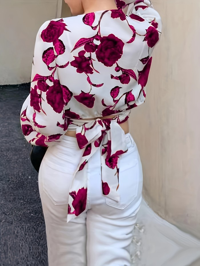 Women'S Fashionable Floral Print Blouse - Ruched V-Neck, Long Sleeves, White with Pink & Purple Roses, Perfect for Spring\u002FSummer\u002FFall, Casual Attire, Casual Attire|Floral Print Top|Ruched Detail