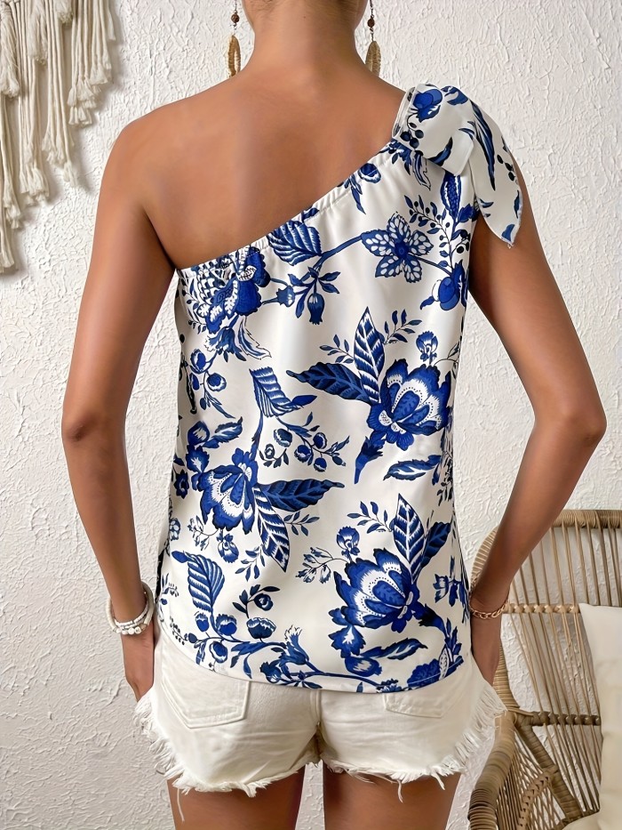 Women'S Floral Print Asymmetrical Neck Blouse, Casual Polyester 100% Woven Shirt, Spring\u002FSummer All Over Print Top, 110g\u002Fm² Fabric Weight