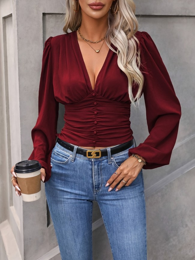 1pc Women's V-Neck Long Sleeve Top, 100% Polyester Solid Color Woven Blouse - Comfortable, Regular Length for Spring\u002FFall Adult Fashion
