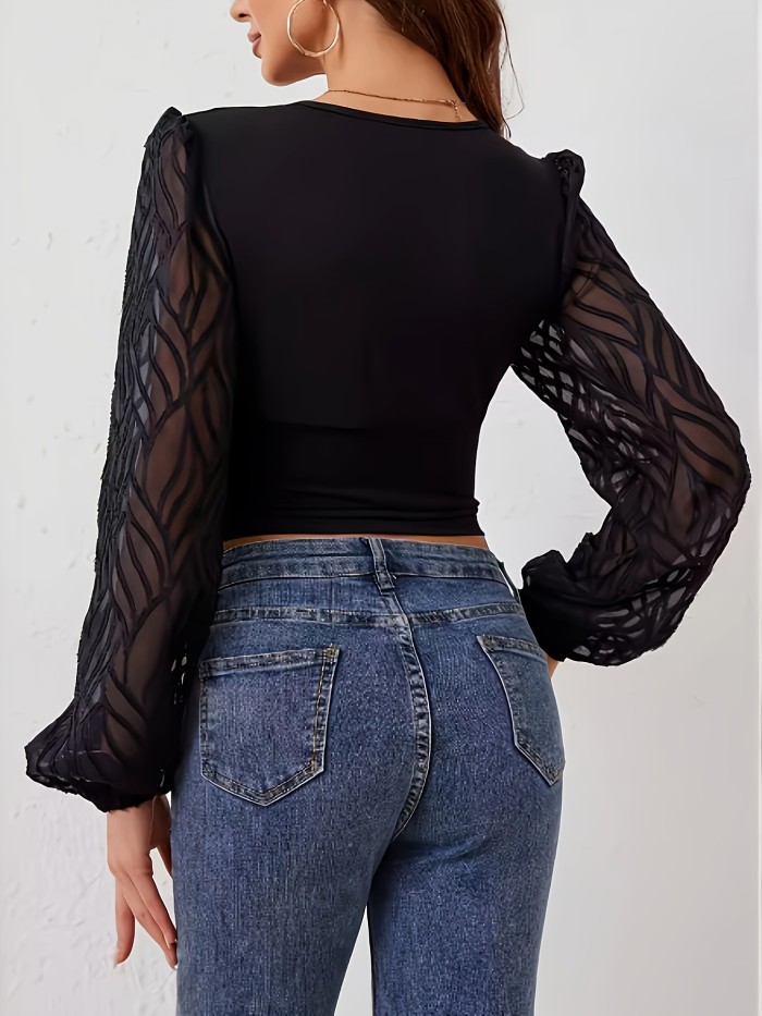 1pc Elegant V-Neck Long Sleeve Top for Women, Asymmetrical Sheer Sleeves, Solid Color Knit Polyester Blend, All-Season Shirting - 95% Polyester 5% Elastane